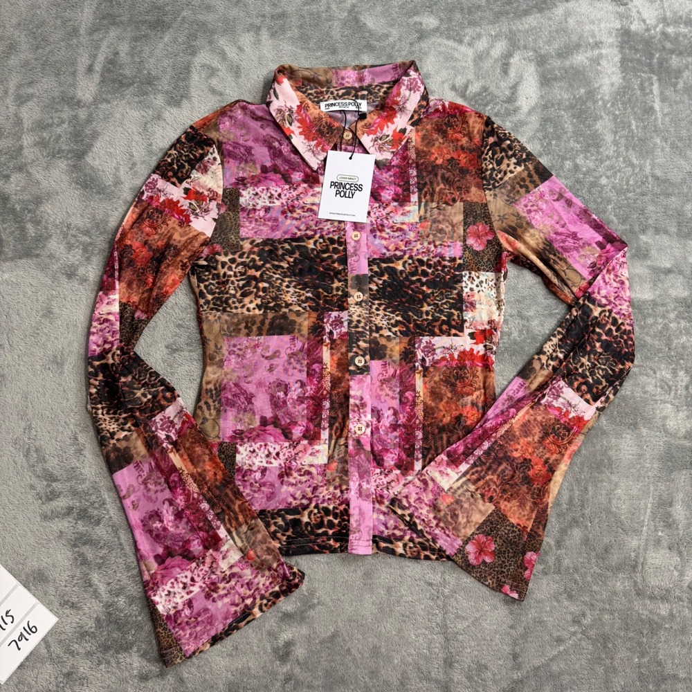Princess Polly Maribou Mesh Patchwork Floral Leopard Long Sleeve Top US 6 NEW